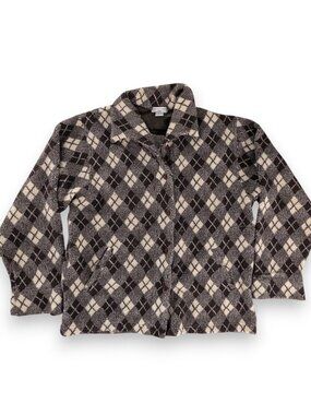 VTG Brown Cream Argyle High Pile Fleece Button Up Jacket